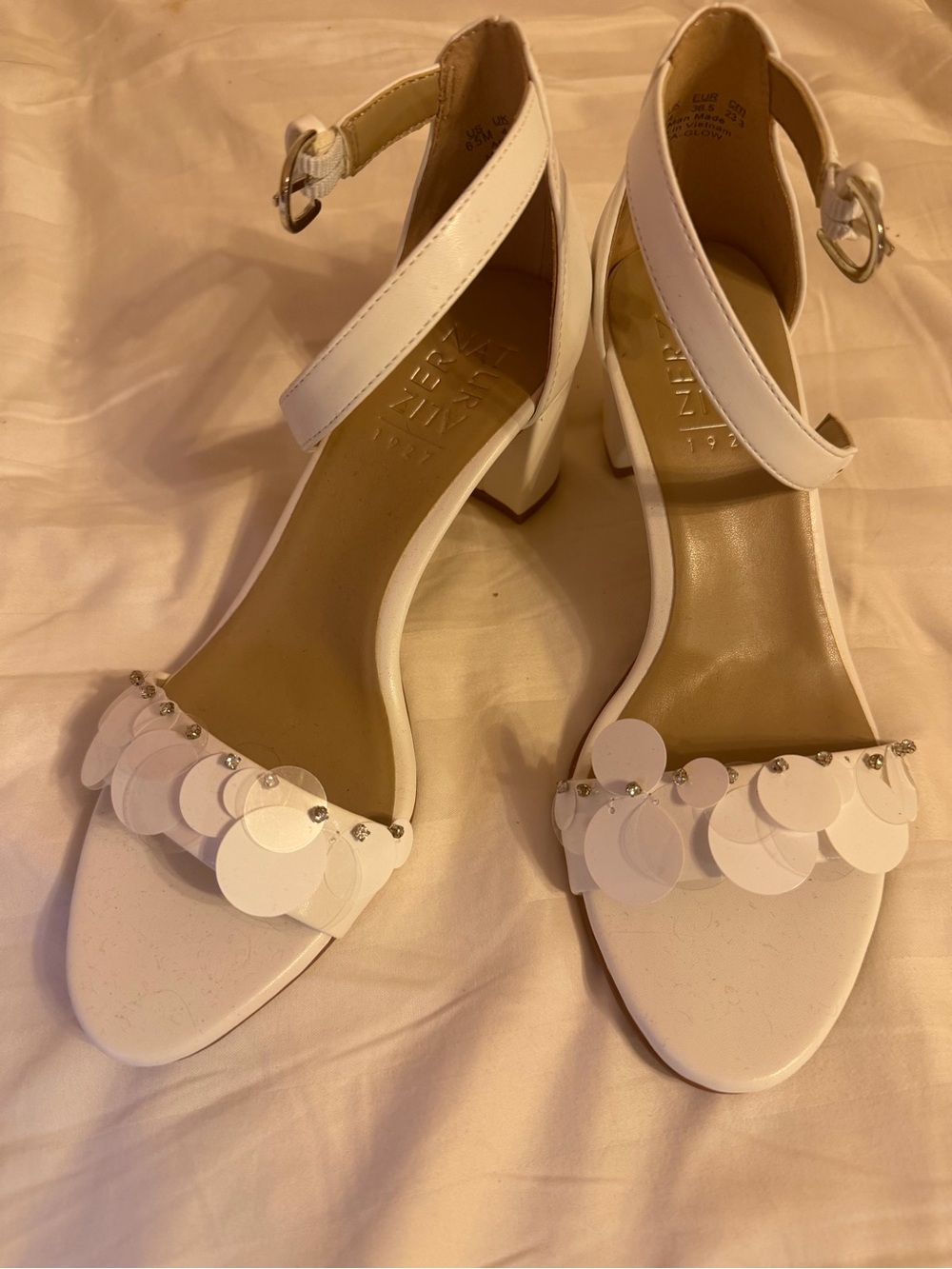 Naturalizer White Sequined Ankle-Strap Block Heel Sandals
